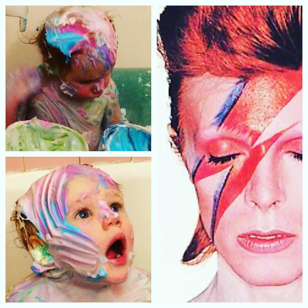 This shall be Lorelai’s tribute to David Bowie! #TubPaint #PinkTub #PinkBaby #RIPbowie