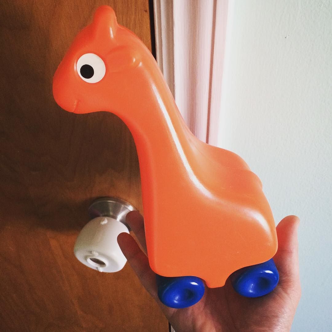 My new alarm clock doesn’t use electric, it’s powered by toddler. #DoorKnocker #Slam #Giraffe